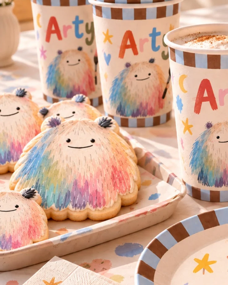 Mesa con vasos, servilletas y galletas decoradas con Arty